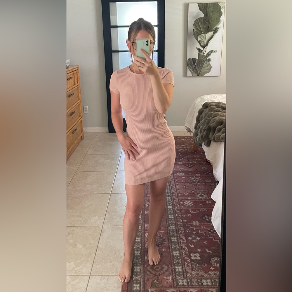H&M Fitted Dress Light Pink/Nude Ribbed Short Bodycon - Small - Picture 4 of 5